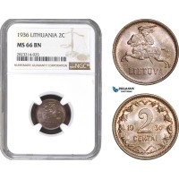 AC252, Lithuania, 2 Centai 1936, NGC MS66BN, Pop 2/0, Rare Grade!