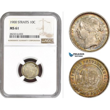 AC262, Straits Settlements, Victoria, 10 Cents 1900, Silver,  NGC MS61