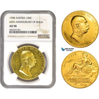 AC272, Austria, Franz Joseph, Lady in the clouds 100 Corona 1908, Vienna, Gold 60TH ANNIVERSARY OF REIGN NGC AU58