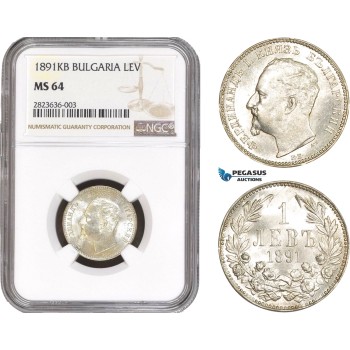 AC273, Bulgaria, Ferdinand I, 1 Lev 1891-KB, Kremnitz, Silver, NGC MS64, Pop 1/0