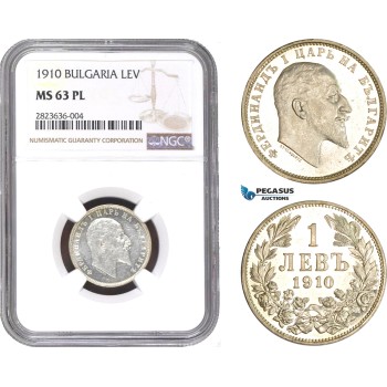 AC274, Bulgaria, Ferdinand I, 1 Lev 1910, Silver, NGC MS63PL, Pop 1/0