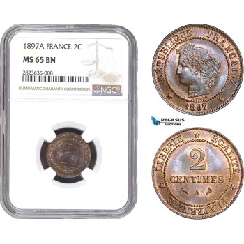 AC282-R, France, Third Republic, 2 Centimes 1897-A, Paris, NGC MS65BN