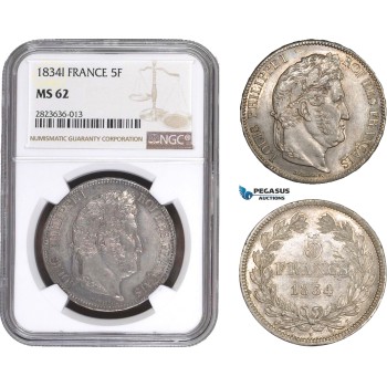 AC284, France, Louis Philippe I, 5 Francs 1834-I, Limoges, Silver, NGC MS62, Pop 1/0