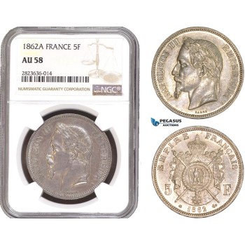 AC285, France, Napoleon III, 5 Francs 1862-A, Paris, Silver, NGC AU58, Rare!