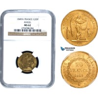 AC286, France, Second Republic, 20 Francs 1849-A, Paris, Gold, NGC MS62