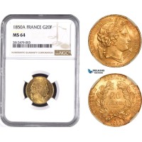 AC287, France, Second Republic, "Ceres" 20 Francs 1850-A, Paris, Gold, NGC MS64