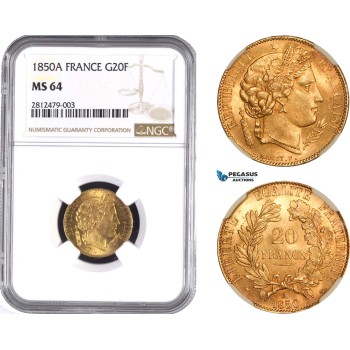 AC287, France, Second Republic, Ceres 20 Francs 1850-A, Paris, Gold, NGC MS64