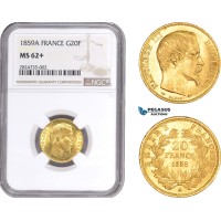 AC288, France, Napoleon III, 20 Francs 1859-A, Paris, Gold, NGC MS62+