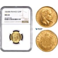 AC289, France, Napoleon III, 20 Francs 1864-BB Large "BB" Strasbourg, Gold, NGC MS64, Pop 1/0, Rare!