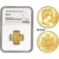AC290, France, Napoleon III, 20 Francs 1867-BB Large "BB" Strasbourg, Gold, NGC MS64