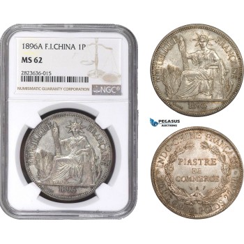 AC291, French Indo-China, 1 Piastre 1896-A, Paris, Silver, NGC MS62