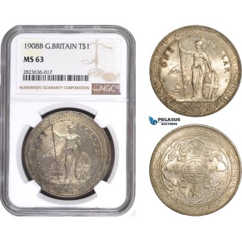 AC298, Great Britain, Trade Dollar 1908-B, Bombay, Silver, NGC MS63
