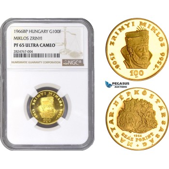 AC301, Hungary, Zrinyi 100 Forint 1966-BP, Budapest, Gold, NGC PF65UC