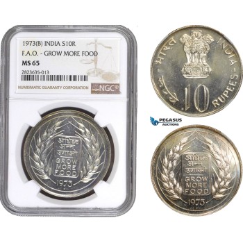 AC305-R, India, 10 Rupees 1973 (B) Bombay, Silver, NGC MS65 (F.A.O. - Grow more food)