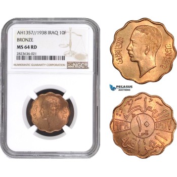 AC307, Iraq, Faisal II, 10 Fils AH1357 / 1938, London, Bronze, NGC MS64RD