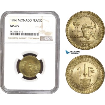 AC310-R, Monaco, Louis II, 1 Franc 1926, Poissy, NGC MS65