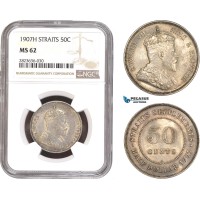 AC322, Straits Settlements, Edward VII, 50 Cents 1907-H, Heaton, Silver, NGC MS62