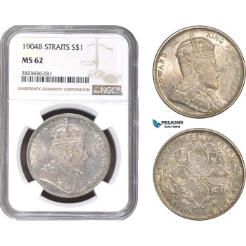 AC323, Straits Settlements, Edward VII, Dollar 1904-B, Bombay, Silver, NGC MS62