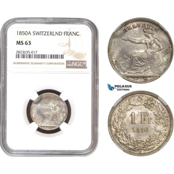 AC326-R, Switzerland, 1 Franc 1850-A, Paris, Silver, NGC MS63