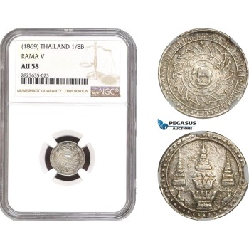 AC329-R, Thailand, Rama V, 1/8 Baht 1869, Silver, NGC AU58