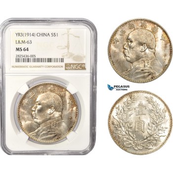 AC346, China Fat Man Dollar Yr. 3 (1914) Silver, L&M-63, NGC MS64