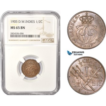 AC352, Danish West Indies, Christian IX, 2 1/2 Bit / 1/2 Cent 1905, Copenhagen, NGC MS65BN