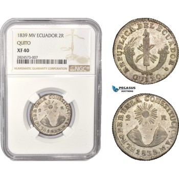 AC354, Ecuador, 2 Reales 1839 MV, Quito, Silver, NGC XF40