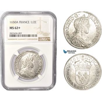 AC360, France, Louis XIV, 1/2 Ecu 1650-A, Paris, Silver, NGC MS62+, Pop 1/0