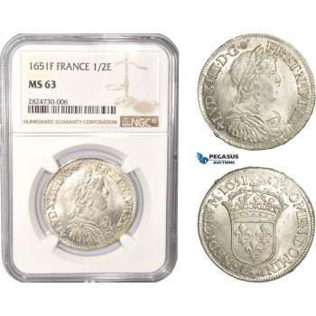 AC361, France, Louis XIV, 1/2 Ecu 1651-F, Angers, Silver, NGC MS63, Pop 1/0