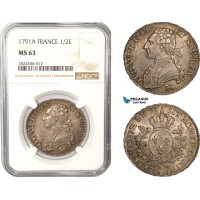 AC362, France, Louis XVI, 1/2 Ecu 1791-A, Paris, Silver, NGC MS63, Pop 2/1