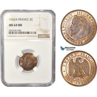 AC366, France, Napoleon III, 2 Centimes 1862-A, Paris, NGC MS64RB, Pop 1/0