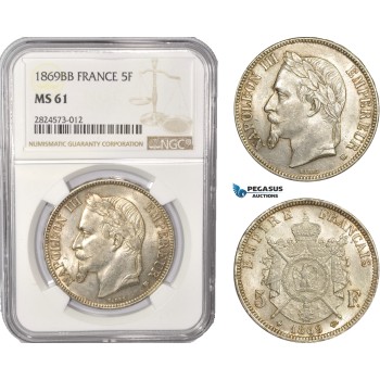 AC368, France, Napoleon III, 5 Francs 1869-BB, Strasbourg, Silver, NGC MS61
