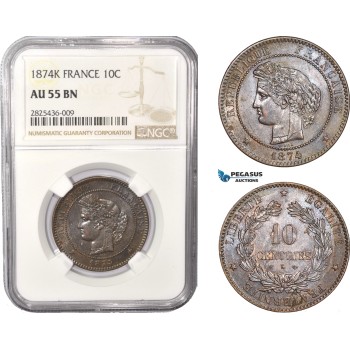 AC369, France, Third Republic, 10 Centimes 1874-K, Bordeaux, NGC AU55BN, Pop 1/0
