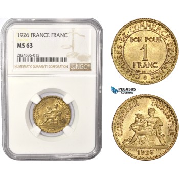 AC370, France, Third Republic, 1 Franc 1926, NGC MS63