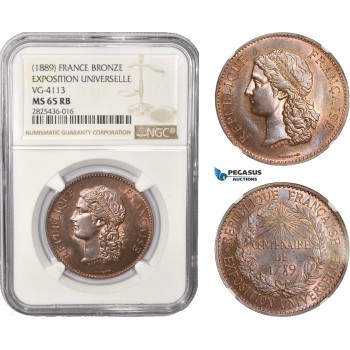 AC371, France, Bronze Medal 1889 by Barre, on the Exposition Universelle NGC MS65RB