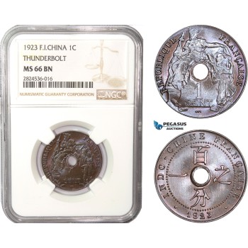 AC373, French Indo-China, 1 Centime 1923 Thunderbolt, Poissy, NGC MS66BN, Top Pop