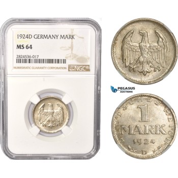AC376, Germany, Weimar, 1 Mark 1924-D, Munich, Silver, NGC MS64