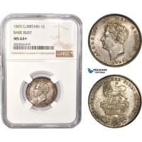 AC377, Great Britain, George IV, 1 Shilling 1825 "Bare Bust" London, Silver, NGC MS64+, Pop 1/6