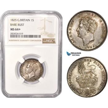 AC377, Great Britain, George IV, 1 Shilling 1825 Bare Bust London, Silver, NGC MS64+, Pop 1/6