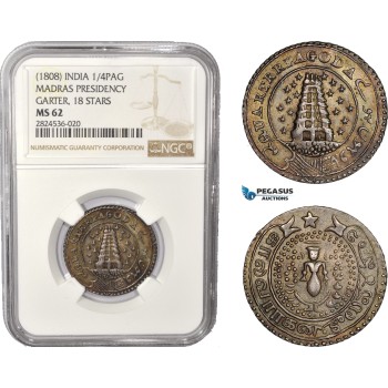 AC385, India (EIC) Madras Presidency, 1/4 Pagoda ND (1808) Silver, Garter 18 Stars, NGC MS62 AC385, India (EIC) Madras Presidency, 1/4 Pagoda ND (1808) Silver, Garter 18 Stars, NGC MS62