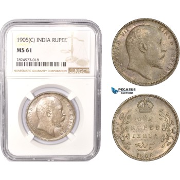 AC388, India (British) Edward VII, 1 Rupee 1905-C, Calcutta, Silver, NGC MS61