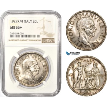 AC391, Italy, Vittorio Manuele III, 20 Lire 1927-R, A. VI, Rome, Silver, NGC MS66+, Pop 1/4