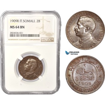AC393, Italian Somaliland, Vittorio Manuele III, 2 Bese 1909-R, Rome, NGC MS64BN, Pop 2/0