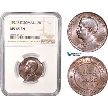 AC395, Italian Somaliland, Vittorio Manuele III, 2 Bese 1924-R, Rome, NGC MS65BN, Pop 1/0