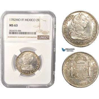 AC402, Mexico, Charles IV, 2 Reales 1782 Mo FF, Mexico City, Silver, NGC MS63