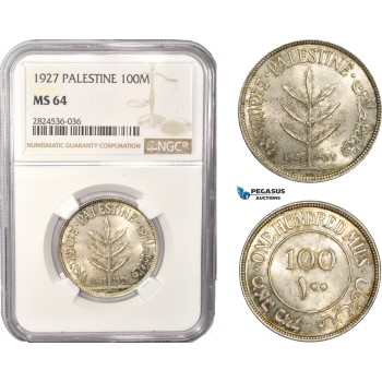 AC405, Palestine, 100 Mils 1927, London, Silver, NGC MS64