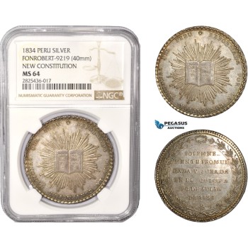 AC408, Peru, Silver Medal (Ø40mm) 1834 New Constitution Fonrobert-9219, NGC MS64