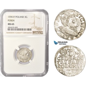 AC410, Poland, Sigismund III, 3 Groschen (Trojak) 1594 IF, Poznan (Posen) Silver, NGC MS65, Pop 4/0