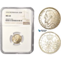 AC421, Romania, Carol I, 50 Bani 1910, Brussels, Silver, NGC MS64
