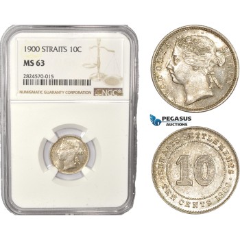 AC442, Straits Settlements, Victoria, 10 Cents 1900, Silver, NGC MS63